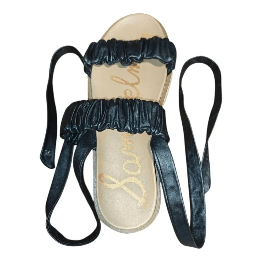 SAM EDELMAN Kerin Black Leather Wraparound Ankle Espadrille Platform Sandals Siz